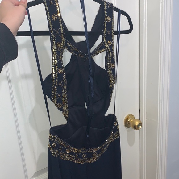 Laura Luxurious Dark Blue Long Dress Open Back with Gold Crystals - Picture 10 of 13